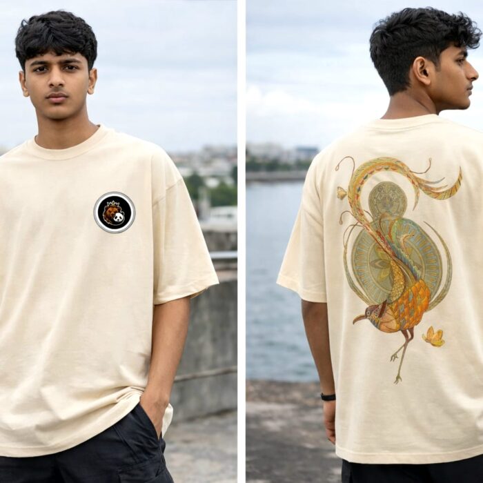 Ethnic Peacock Oversized T-Shirt (Beige Colour)